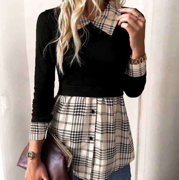 Plaid Print Contrast Collar 2 In 1 Tee - Picture 5 of 5